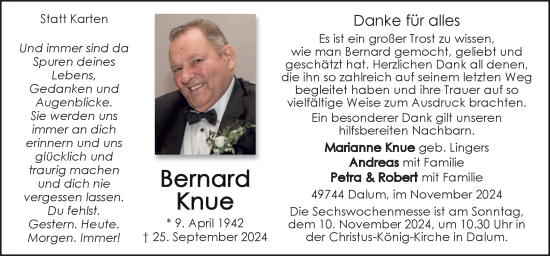 Traueranzeige von Bernard Knue von Neue Osnabrücker Zeitung GmbH & Co. KG