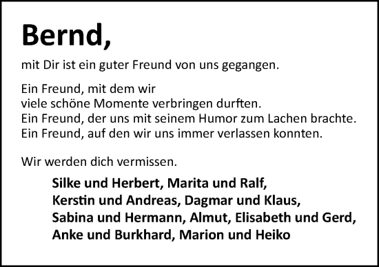 Traueranzeige von Bernd  von Neue Osnabrücker Zeitung GmbH & Co. KG