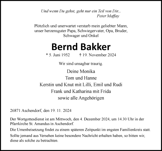 Traueranzeige von Bernd Bakker von Neue Osnabrücker Zeitung GmbH & Co. KG