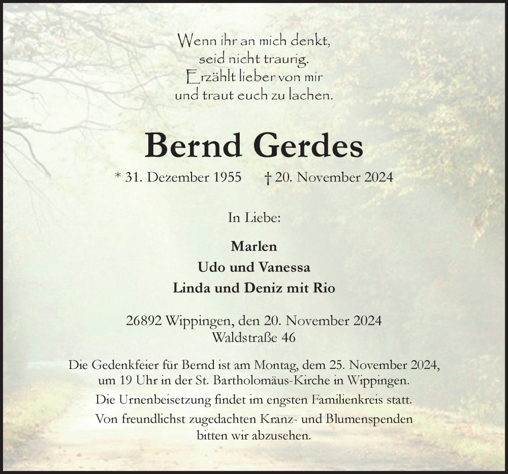  Traueranzeige für Bernd Gerdes vom 23.11.2024 aus Neue Osnabrücker Zeitung GmbH & Co. KG
