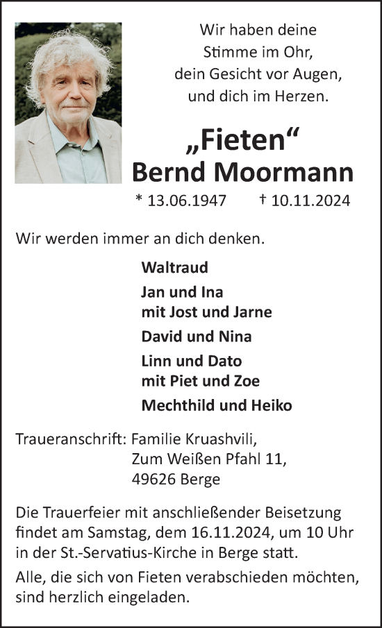 Traueranzeige von Bernd Moormann von Neue Osnabrücker Zeitung GmbH & Co. KG