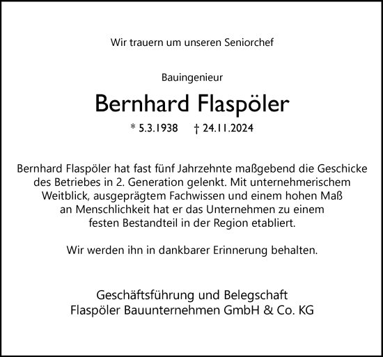 Traueranzeige von Bernhard Flaspöler von Neue Osnabrücker Zeitung GmbH & Co. KG