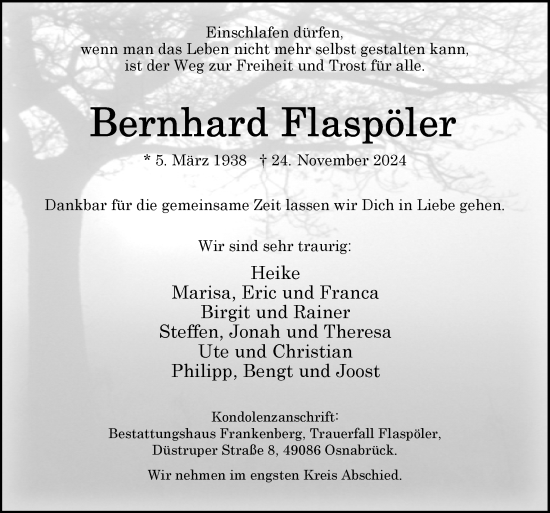 Traueranzeige von Bernhard Flaspöler von Neue Osnabrücker Zeitung GmbH & Co. KG