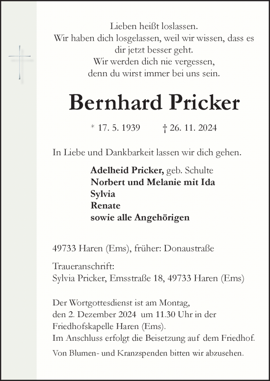 Traueranzeige von Bernhard Pricker von Neue Osnabrücker Zeitung GmbH & Co. KG