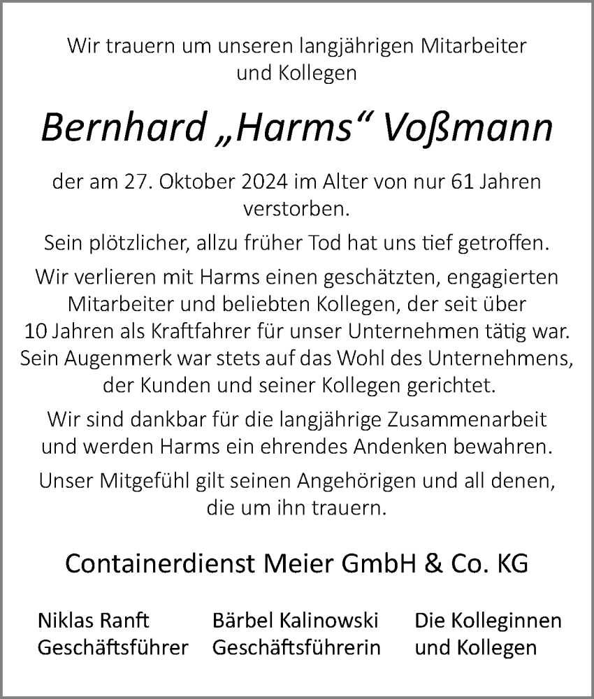  Traueranzeige für Bernhard Voßmann vom 02.11.2024 aus Neue Osnabrücker Zeitung GmbH & Co. KG