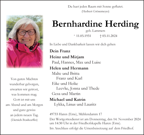 Traueranzeige von Bernhardine Herding von Neue Osnabrücker Zeitung GmbH & Co. KG