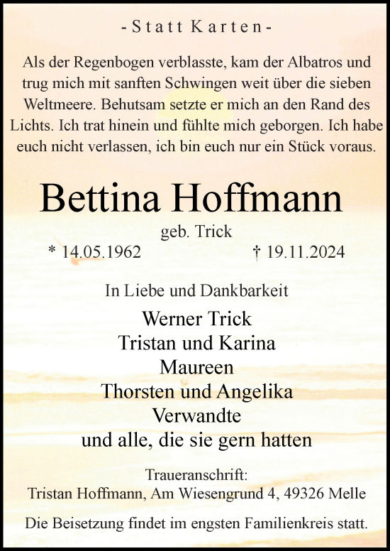 Traueranzeige von Bettina Hoffmann von Neue Osnabrücker Zeitung GmbH & Co. KG