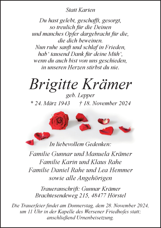 Traueranzeige von Brigitte Krämer von Neue Osnabrücker Zeitung GmbH & Co. KG