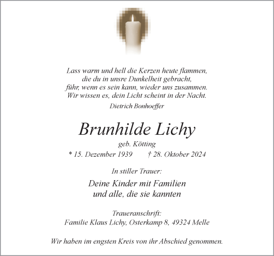 Traueranzeige von Brunhilde Lichy von Neue Osnabrücker Zeitung GmbH & Co. KG