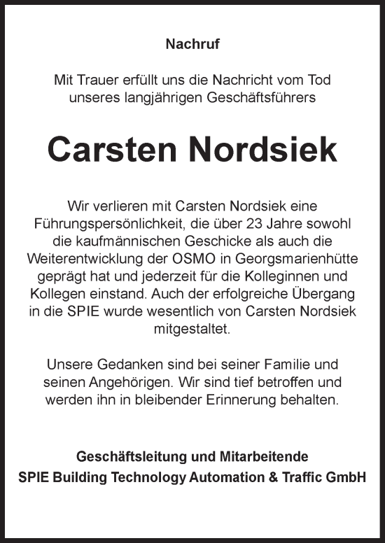 Traueranzeige von Carsten Nordsiek von Neue Osnabrücker Zeitung GmbH & Co. KG