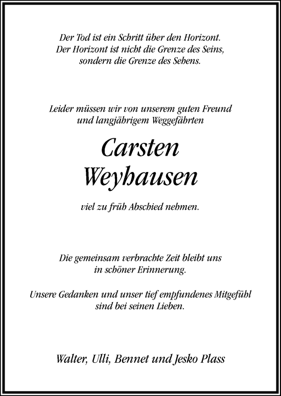 Traueranzeige von Carsten Weyhausen von DK Medien GmbH & Co. KG