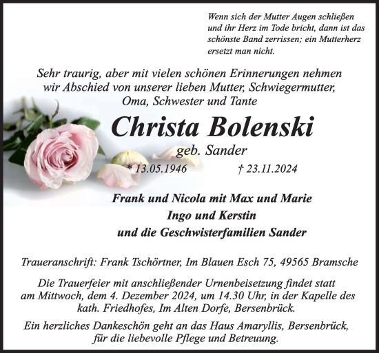 Traueranzeige von Christa Bolenski von Neue Osnabrücker Zeitung GmbH & Co. KG