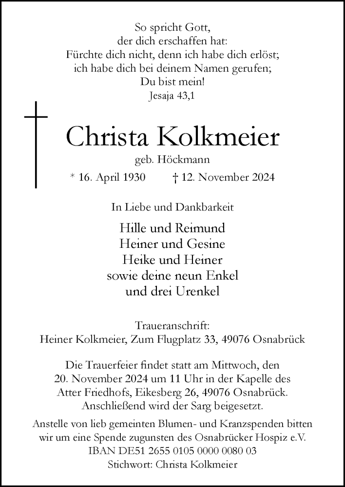  Traueranzeige für Christa Kolkmeier vom 16.11.2024 aus Neue Osnabrücker Zeitung GmbH & Co. KG