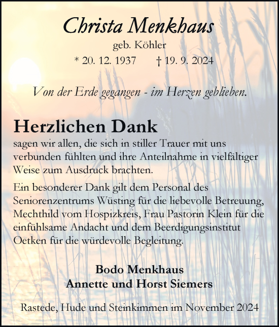 Traueranzeige von Christa Menkhaus von DK Medien GmbH & Co. KG