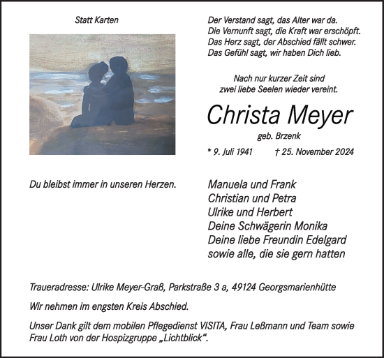 Traueranzeige von Christa Meyer von Neue Osnabrücker Zeitung GmbH & Co. KG