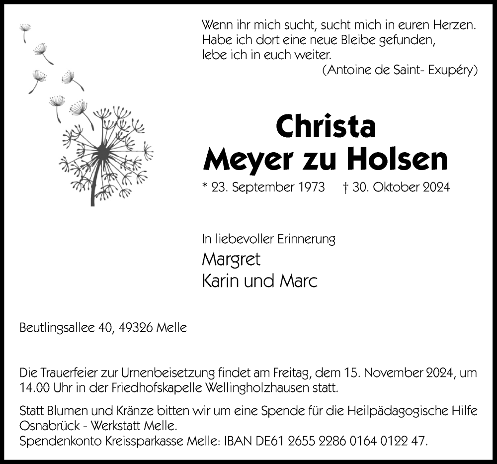  Traueranzeige für Christa Meyer zu Holsen vom 08.11.2024 aus Neue Osnabrücker Zeitung GmbH & Co. KG