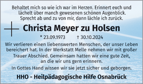 Traueranzeige von Christa Meyer zu Holsen von Neue Osnabrücker Zeitung GmbH & Co. KG