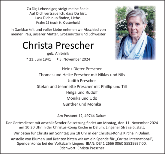 Traueranzeige von Christa Prescher von Neue Osnabrücker Zeitung GmbH & Co. KG