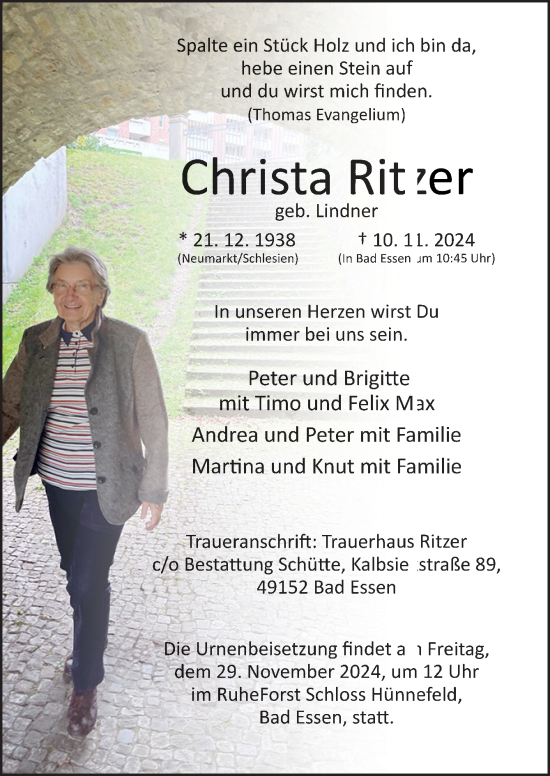 Traueranzeige von Christa Ritzer von Neue Osnabrücker Zeitung GmbH & Co. KG