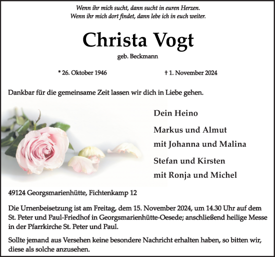 Traueranzeige von Christa Vogt von Neue Osnabrücker Zeitung GmbH & Co. KG