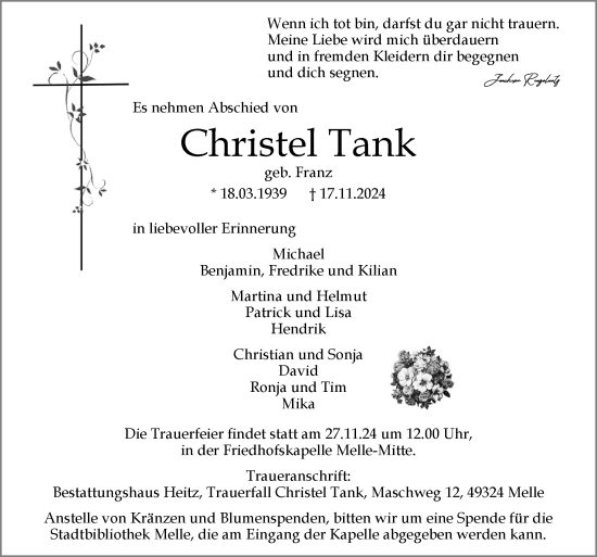 Traueranzeige von Christel Tank von Neue Osnabrücker Zeitung GmbH & Co. KG