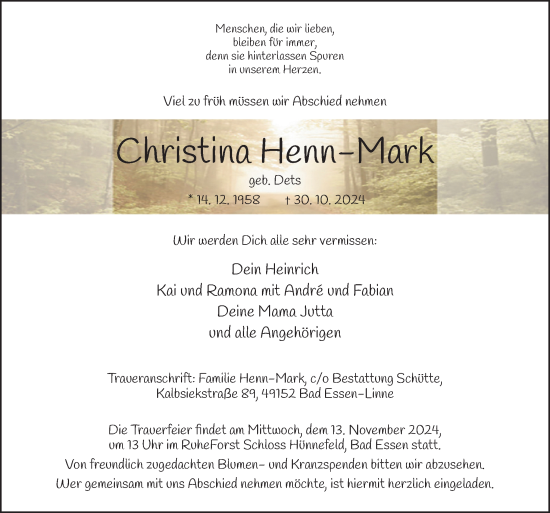 Traueranzeige von Christina Henn-Mark von Neue Osnabrücker Zeitung GmbH & Co. KG