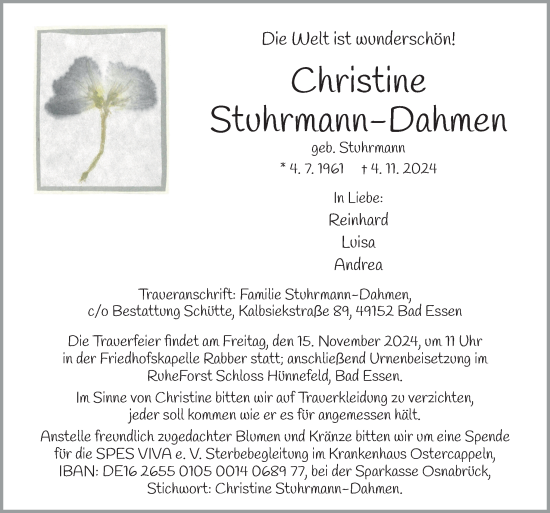 Traueranzeige von Christine Stuhrmann-Dahmen von Neue Osnabrücker Zeitung GmbH & Co. KG