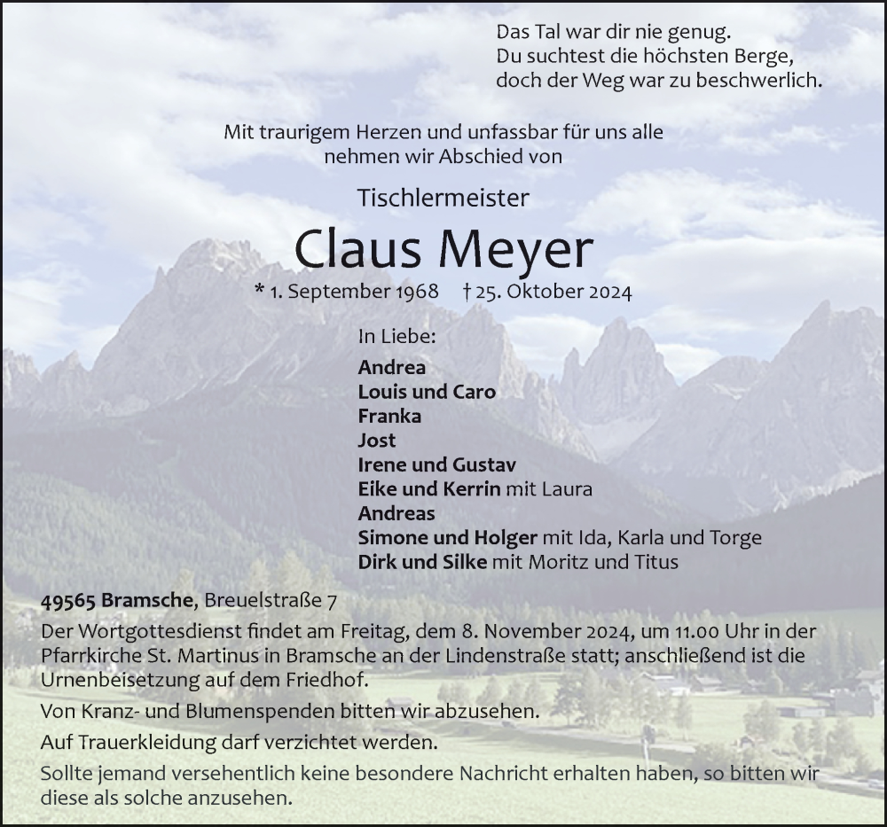  Traueranzeige für Claus Meyer vom 05.11.2024 aus Neue Osnabrücker Zeitung GmbH & Co. KG