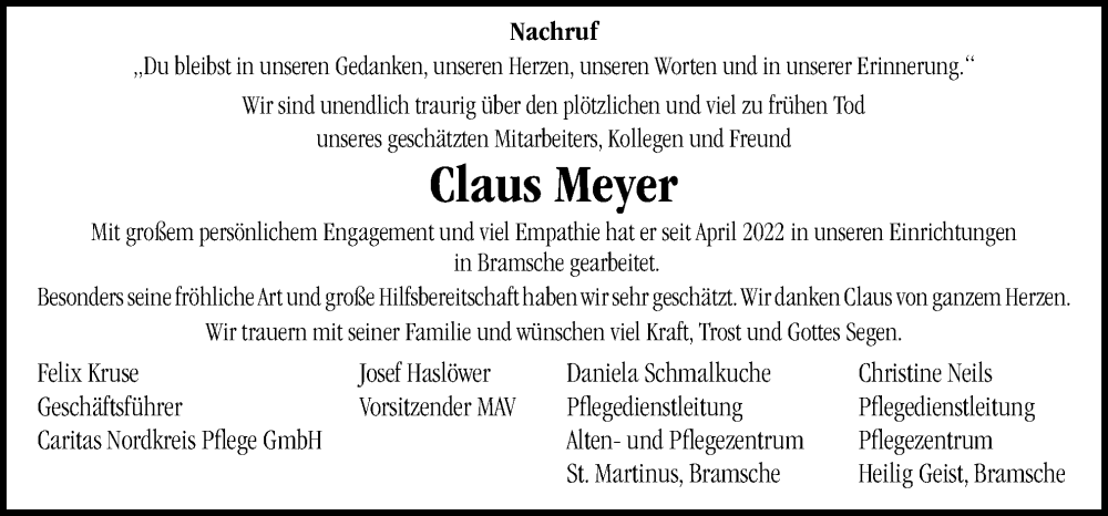  Traueranzeige für Claus Meyer vom 09.11.2024 aus Neue Osnabrücker Zeitung GmbH & Co. KG