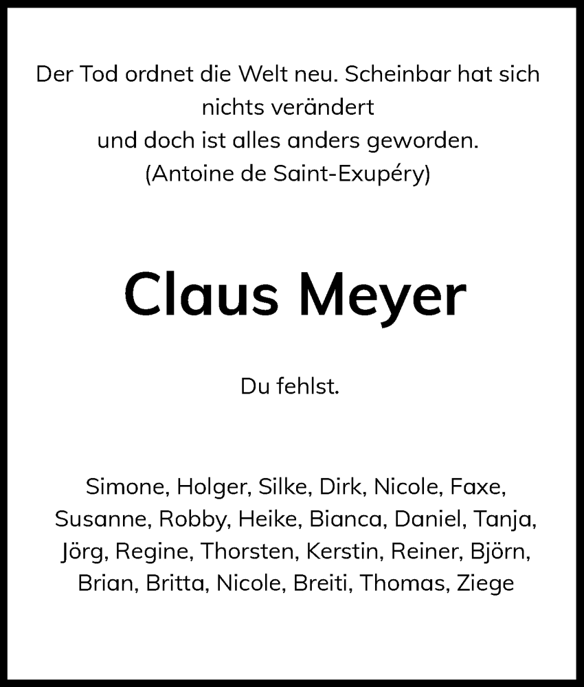  Traueranzeige für Claus Meyer vom 06.11.2024 aus Neue Osnabrücker Zeitung GmbH & Co. KG