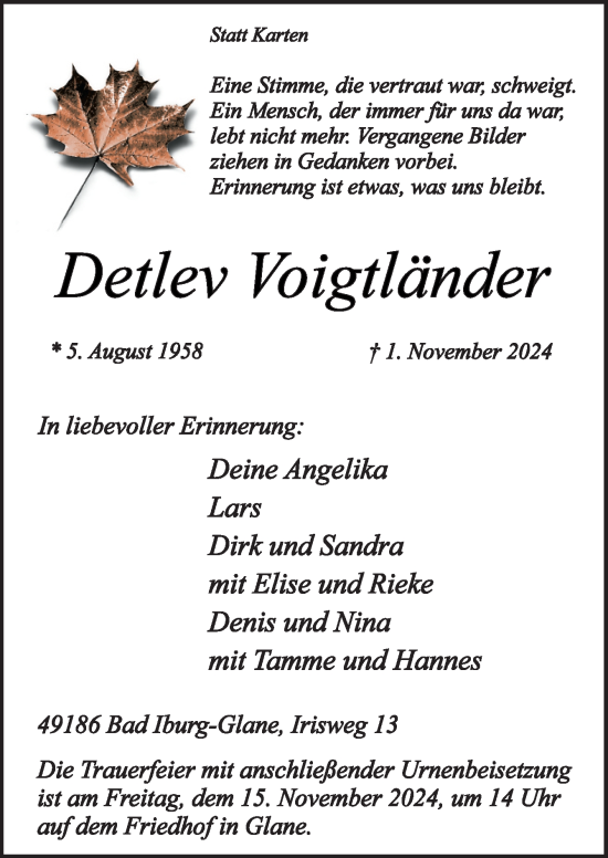 Traueranzeige von Detlev Voigtländer von Neue Osnabrücker Zeitung GmbH & Co. KG