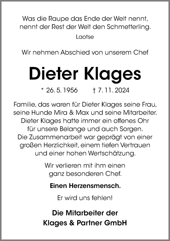 Traueranzeige von Dieter Klages von Neue Osnabrücker Zeitung GmbH & Co. KG