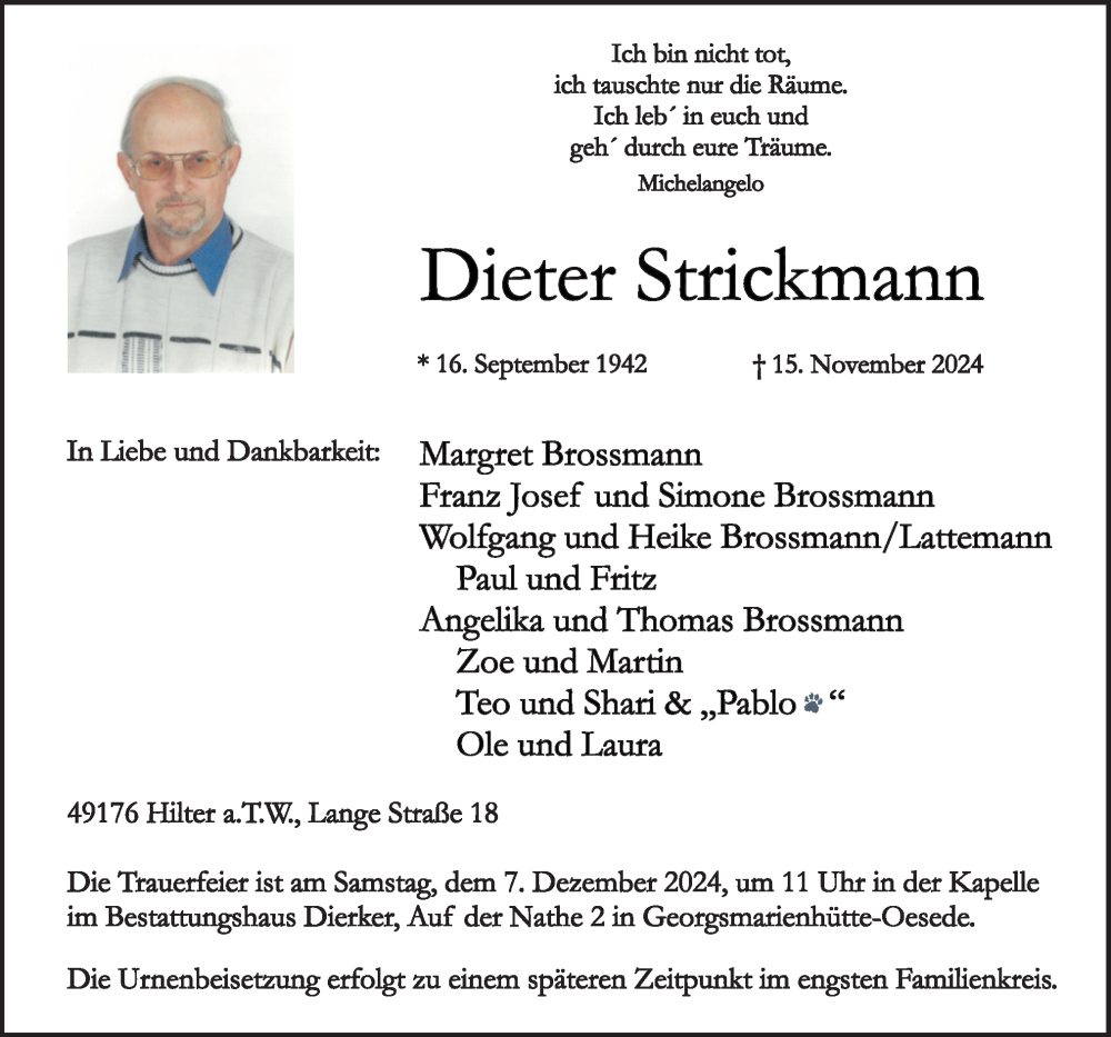  Traueranzeige für Dieter Strickmann vom 23.11.2024 aus Neue Osnabrücker Zeitung GmbH & Co. KG