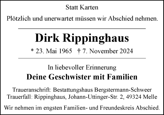 Traueranzeige von Dirk Rippinghaus von Neue Osnabrücker Zeitung GmbH & Co. KG