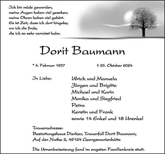 Traueranzeige von Dorit Baumann von Neue Osnabrücker Zeitung GmbH & Co. KG