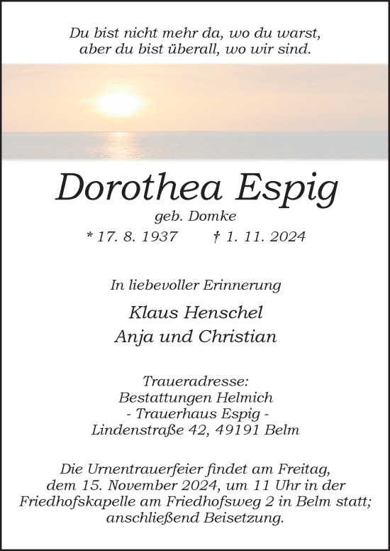 Traueranzeige von Dorothea Espig von Neue Osnabrücker Zeitung GmbH & Co. KG