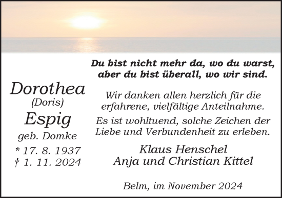 Traueranzeige von Dorothea Espig von Neue Osnabrücker Zeitung GmbH & Co. KG