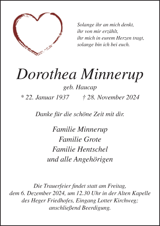 Traueranzeige von Dorothea Minnerup von Neue Osnabrücker Zeitung GmbH & Co. KG