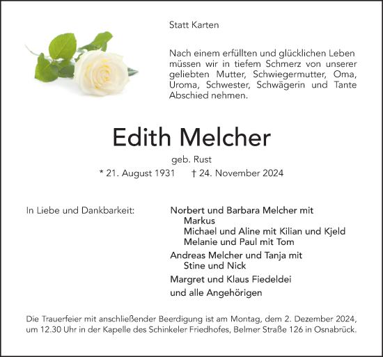 Traueranzeige von Edith Melcher von Neue Osnabrücker Zeitung GmbH & Co. KG