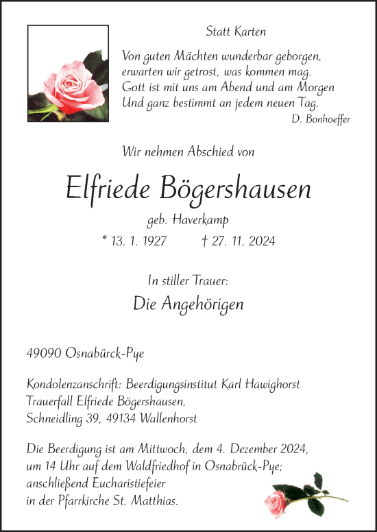 Traueranzeige von Elfriede Bögershausen von Neue Osnabrücker Zeitung GmbH & Co. KG