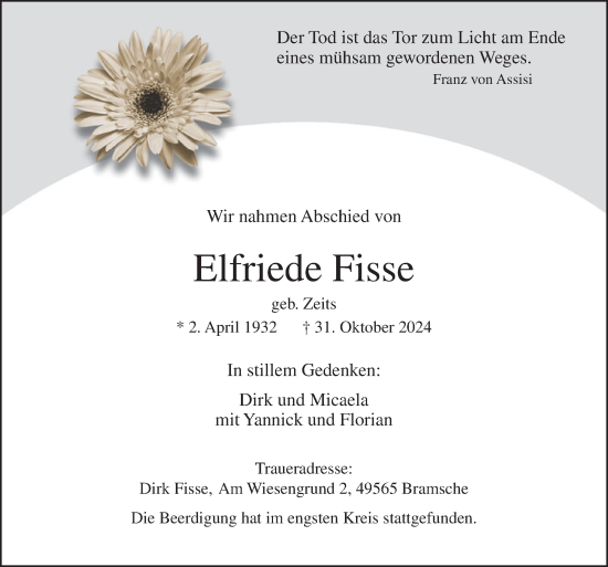 Traueranzeige von Elfriede Fisse von Neue Osnabrücker Zeitung GmbH & Co. KG