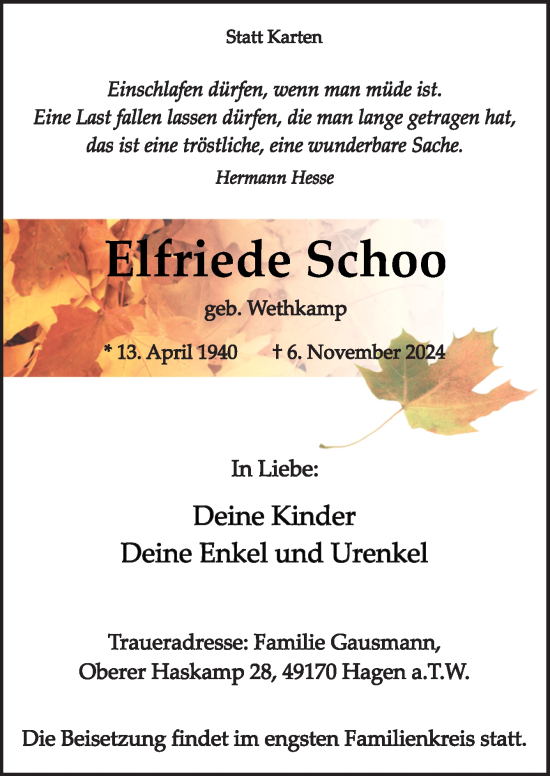 Traueranzeige von Elfriede Schoo von Neue Osnabrücker Zeitung GmbH & Co. KG