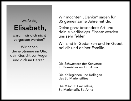 Traueranzeige von Elisabeth  von Neue Osnabrücker Zeitung GmbH & Co. KG
