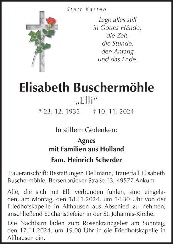 Traueranzeige von Elisabeth Buschermöhle von Neue Osnabrücker Zeitung GmbH & Co. KG