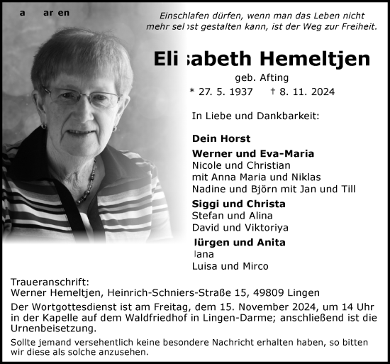 Traueranzeige von Elisabeth Hemeltjen von Neue Osnabrücker Zeitung GmbH & Co. KG