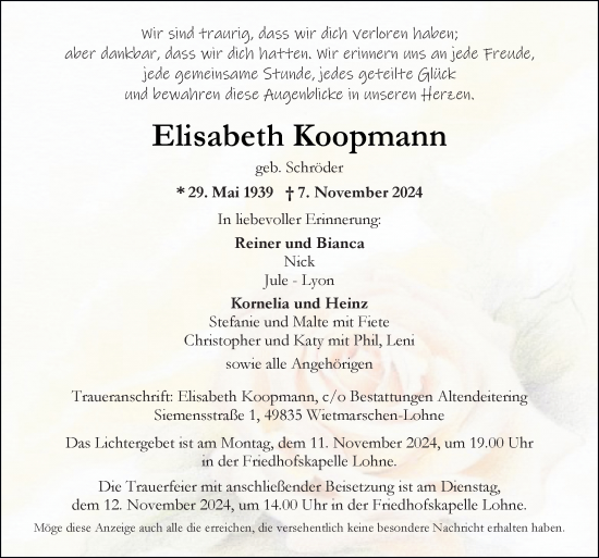 Traueranzeige von Elisabeth Koopmann von Neue Osnabrücker Zeitung GmbH & Co. KG