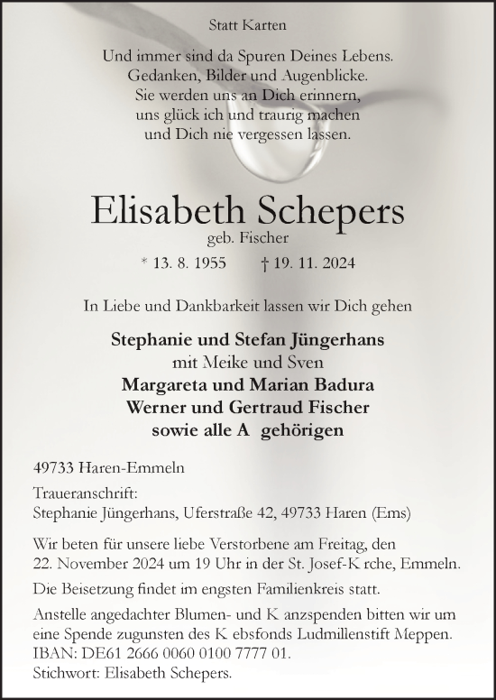 Traueranzeige von Elisabeth Schepers von Neue Osnabrücker Zeitung GmbH & Co. KG