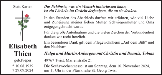 Traueranzeige von Elisabeth Thien von Neue Osnabrücker Zeitung GmbH & Co. KG