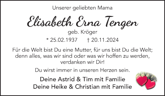 Traueranzeige von Elisabeth Erna Tengen von Neue Osnabrücker Zeitung GmbH & Co. KG