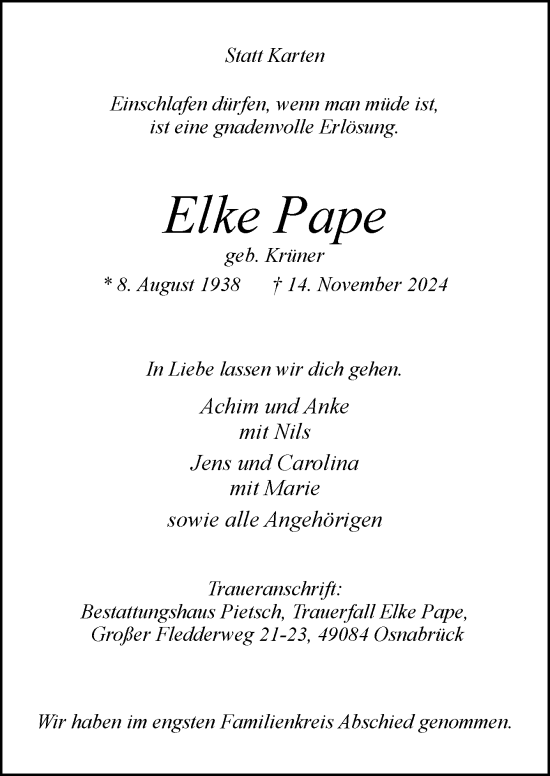 Traueranzeige von Elke Pape von Neue Osnabrücker Zeitung GmbH & Co. KG